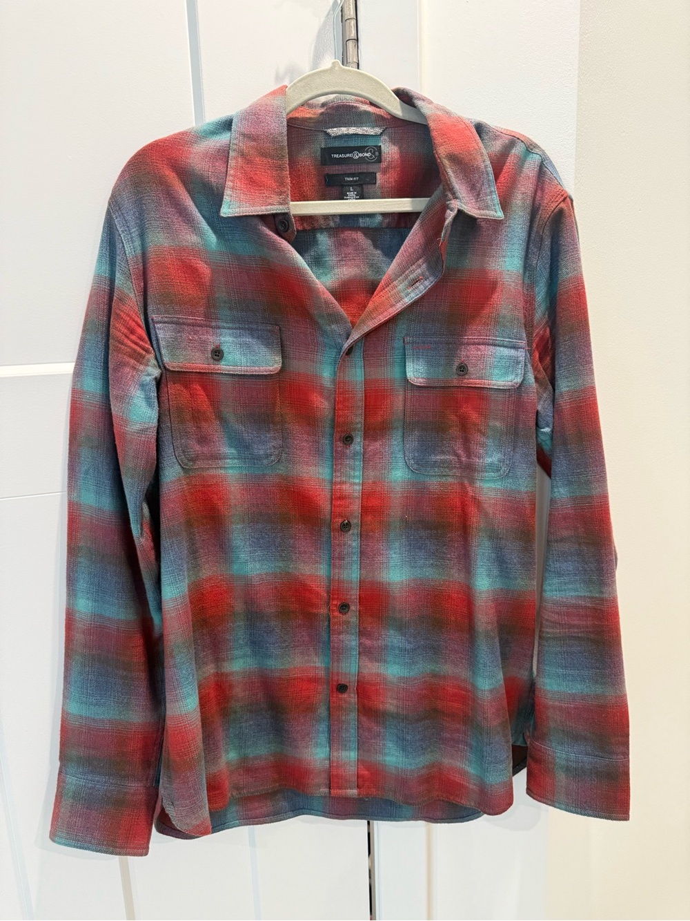 Treasure & Bond Red and Teal Plaid Button-Down Shirt